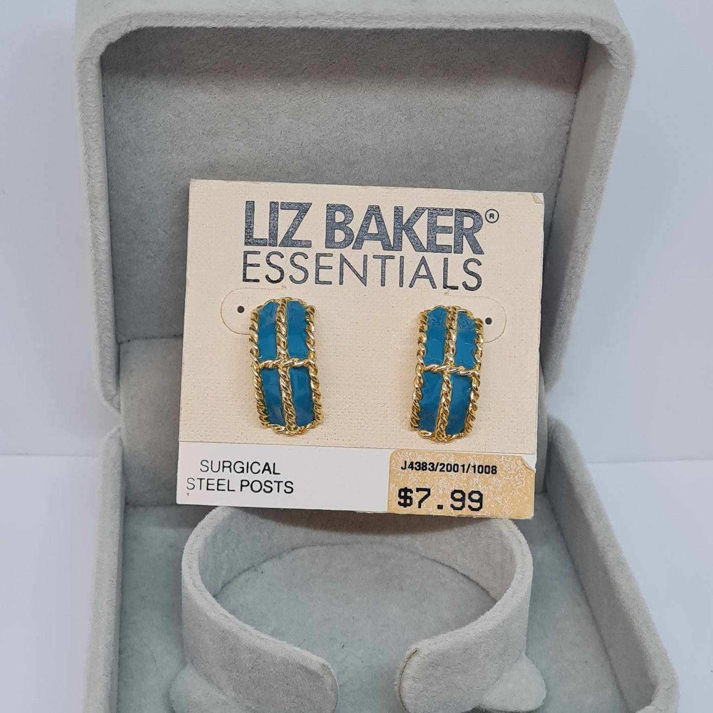 Vintage LIZ BAKER hoop earrings Gold tone rope metal with blue enamel huggie hoops