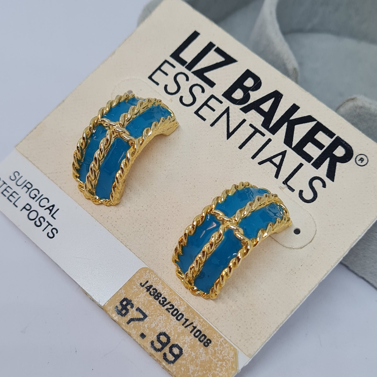 Vintage LIZ BAKER hoop earrings Gold tone rope metal with blue enamel huggie hoops