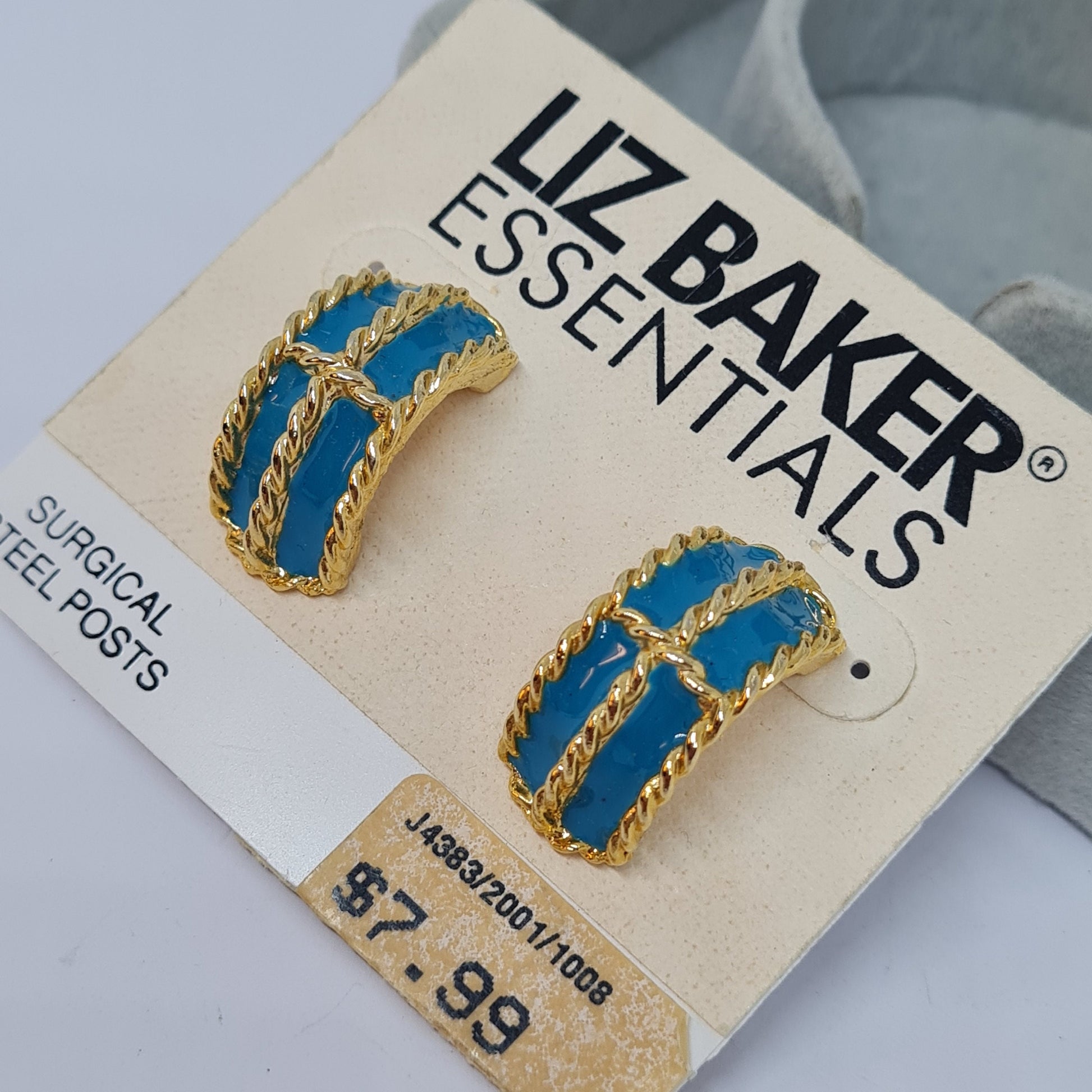 Vintage LIZ BAKER hoop earrings Gold tone rope metal with blue enamel huggie hoops