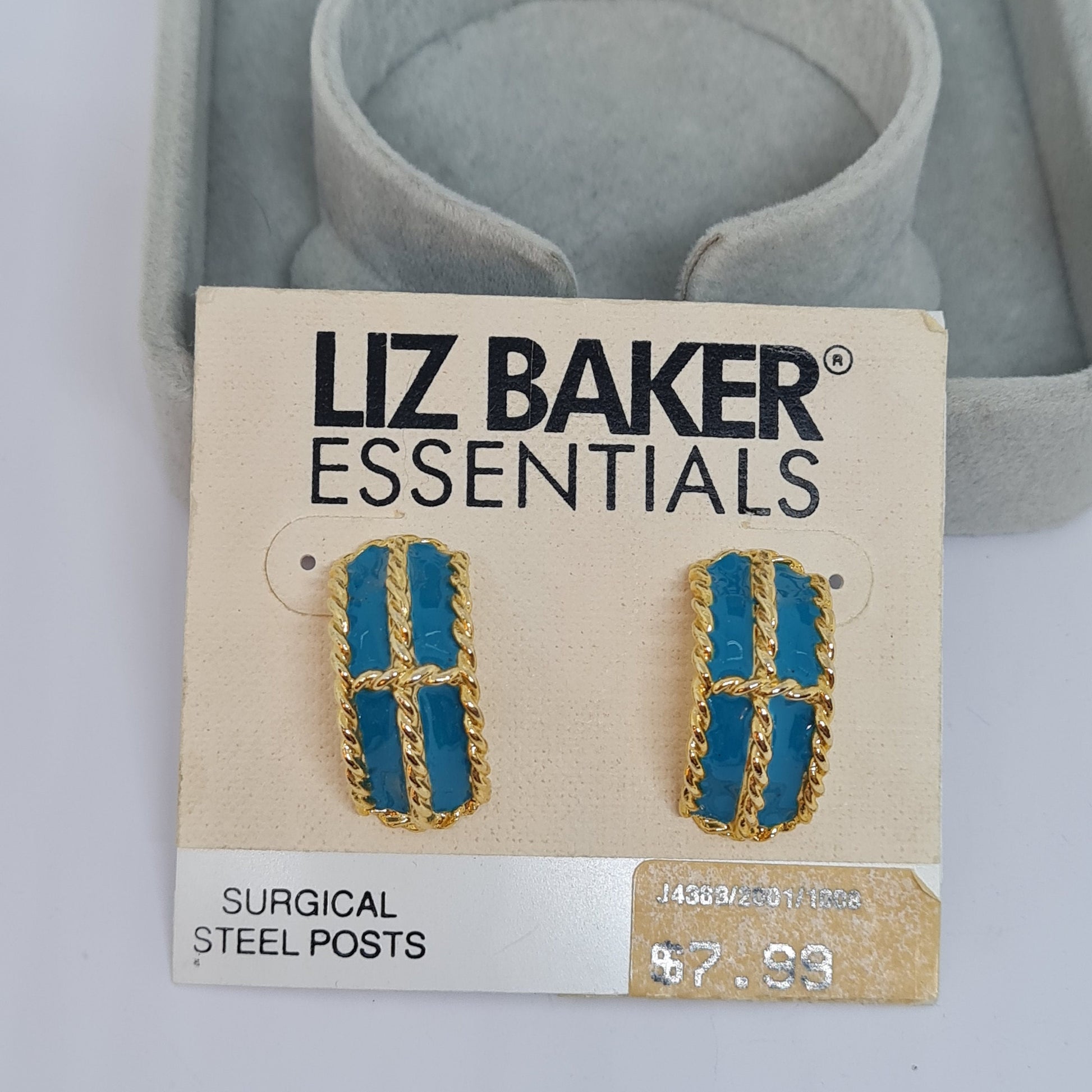 Vintage LIZ BAKER hoop earrings Gold tone rope metal with blue enamel huggie hoops