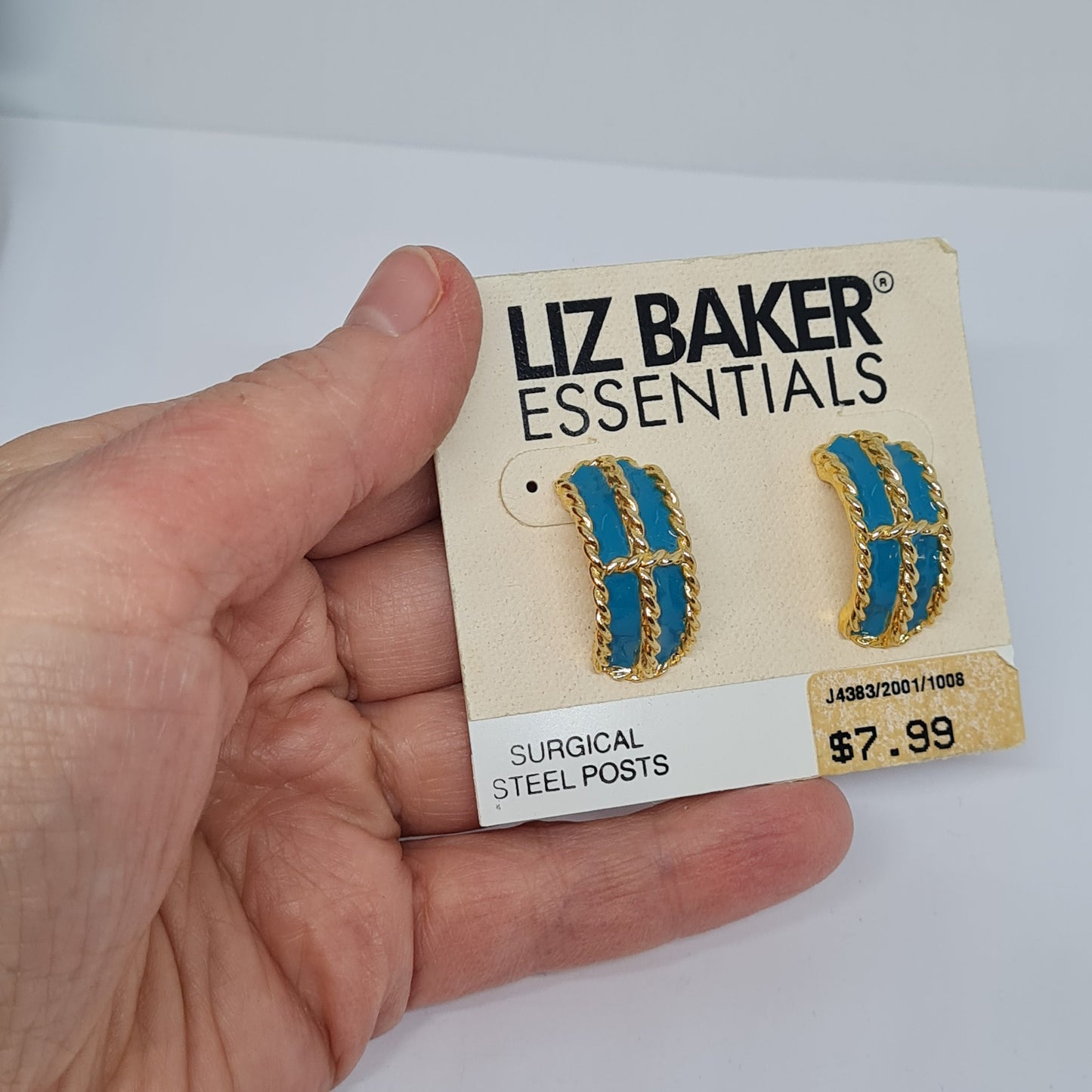 Vintage LIZ BAKER hoop earrings Gold tone rope metal with blue enamel huggie hoops