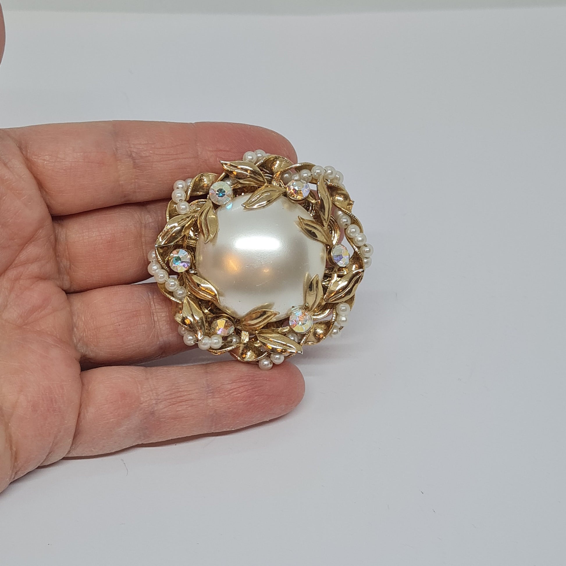 Vintage Faux Pearl Brooch: Gold Tone Metal & AB Rhinestones