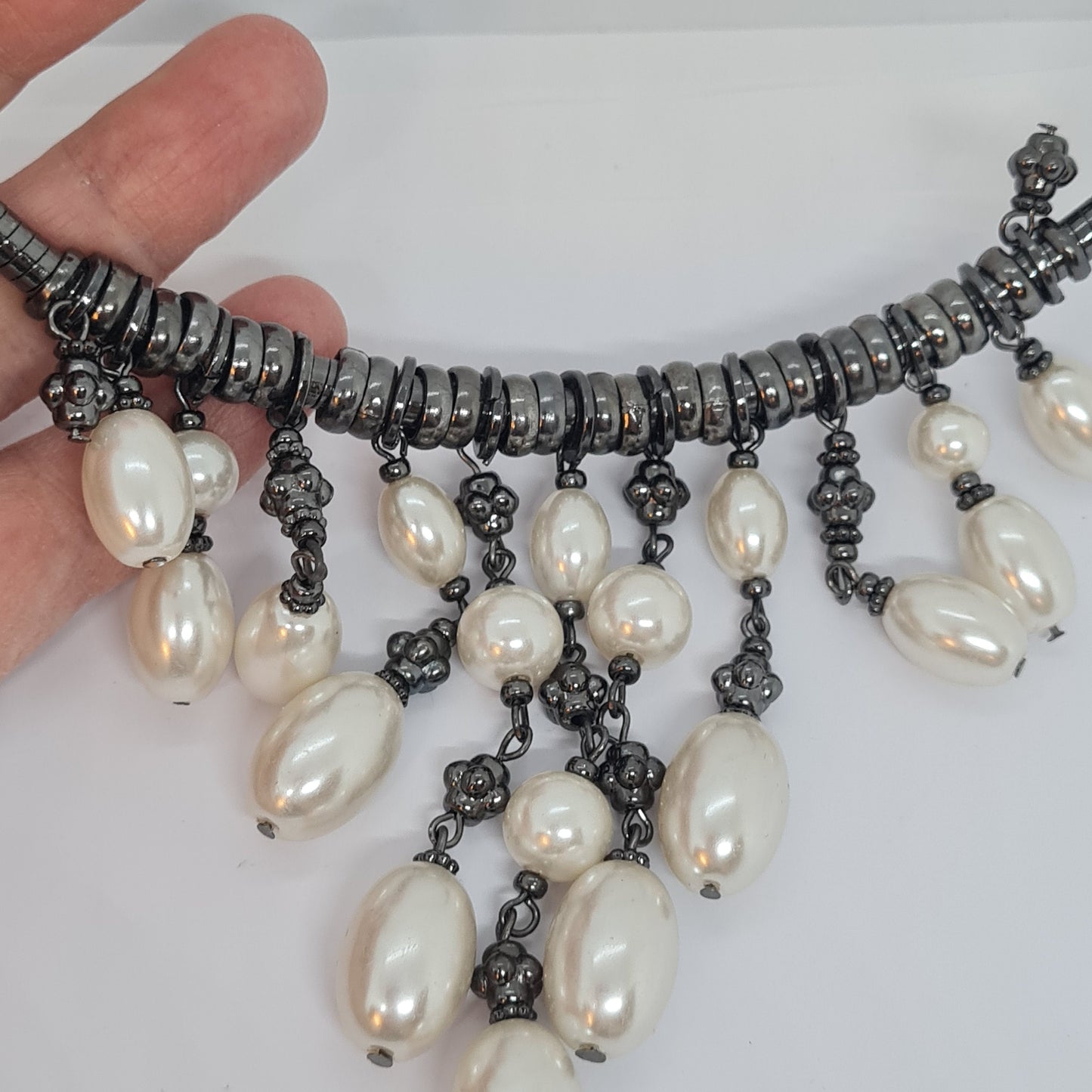 Vintage Faux Pearl Collar Necklace - Black Tone Metal Statement Jewelry