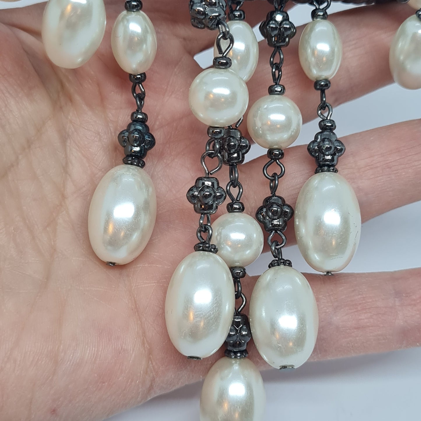 Vintage Faux Pearl Collar Necklace - Black Tone Metal Statement Jewelry