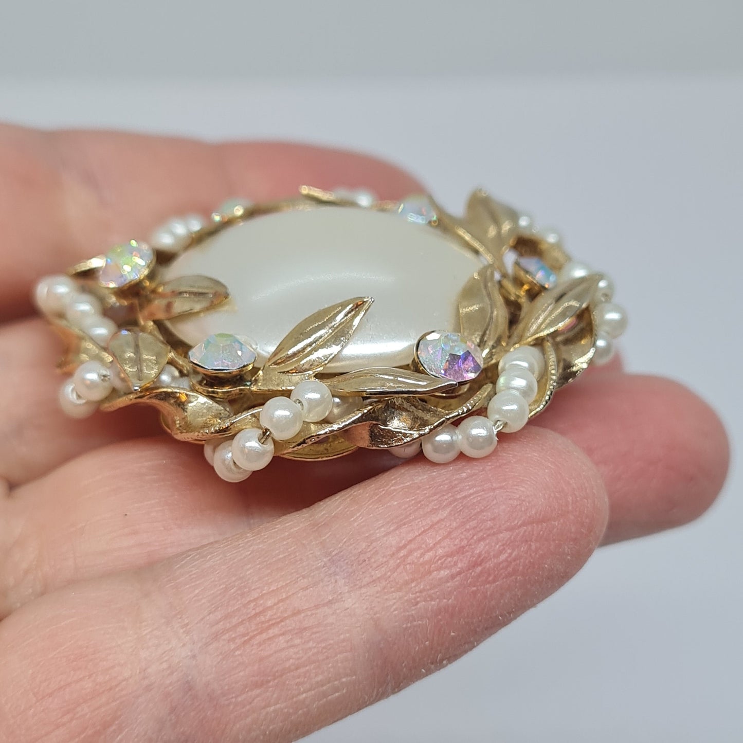 Vintage Faux Pearl Brooch: Gold Tone Metal & AB Rhinestones