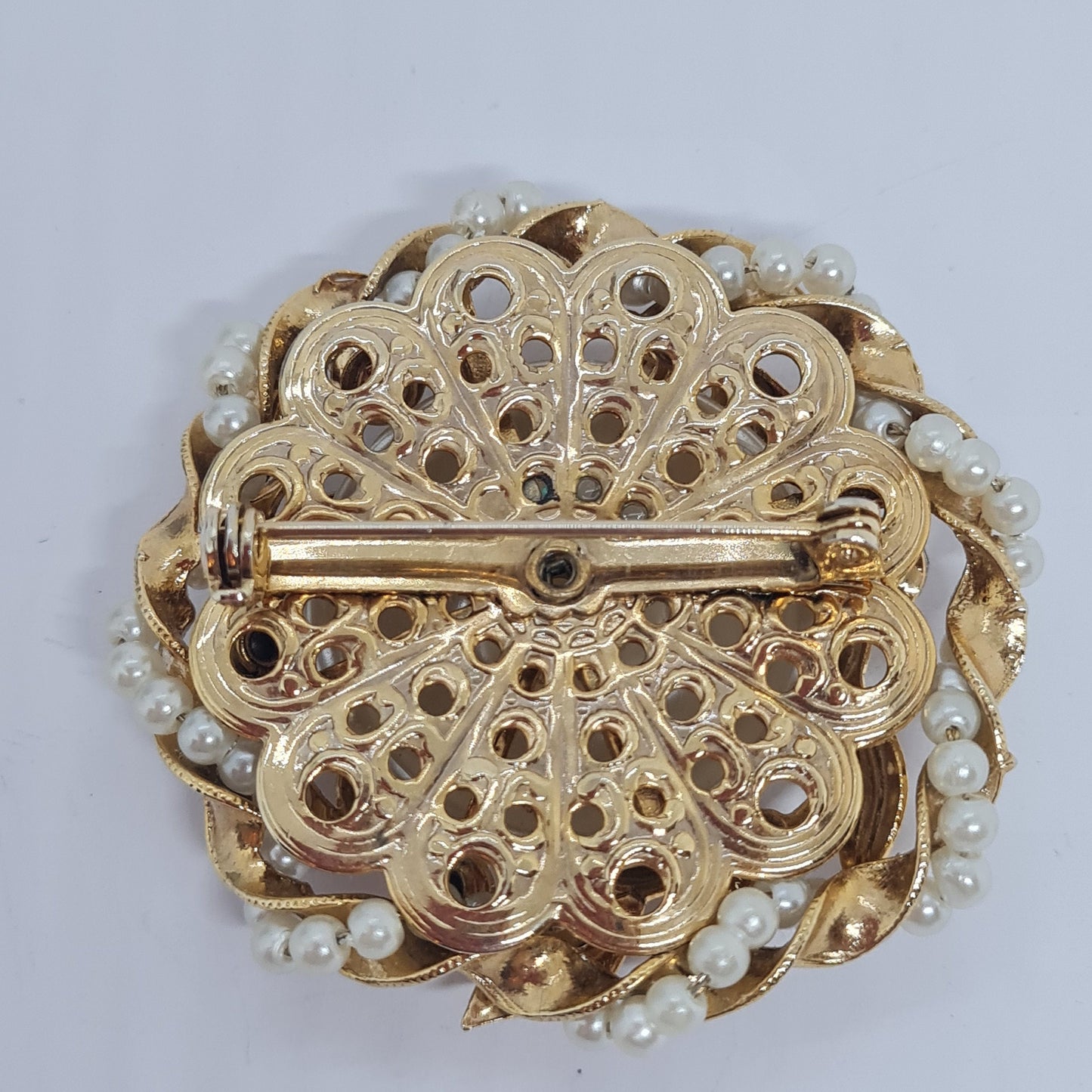 Vintage Faux Pearl Brooch: Gold Tone Metal & AB Rhinestones
