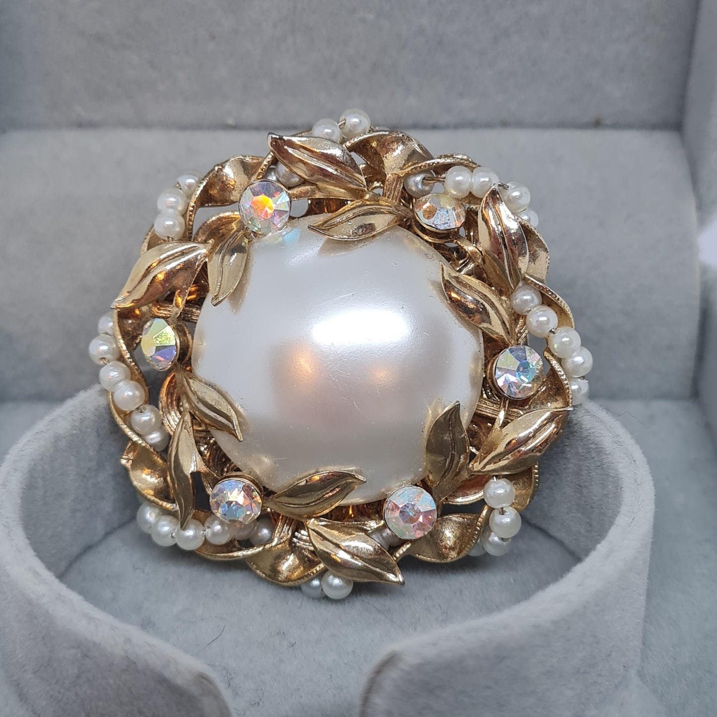 Vintage Faux Pearl Brooch: Gold Tone Metal & AB Rhinestones