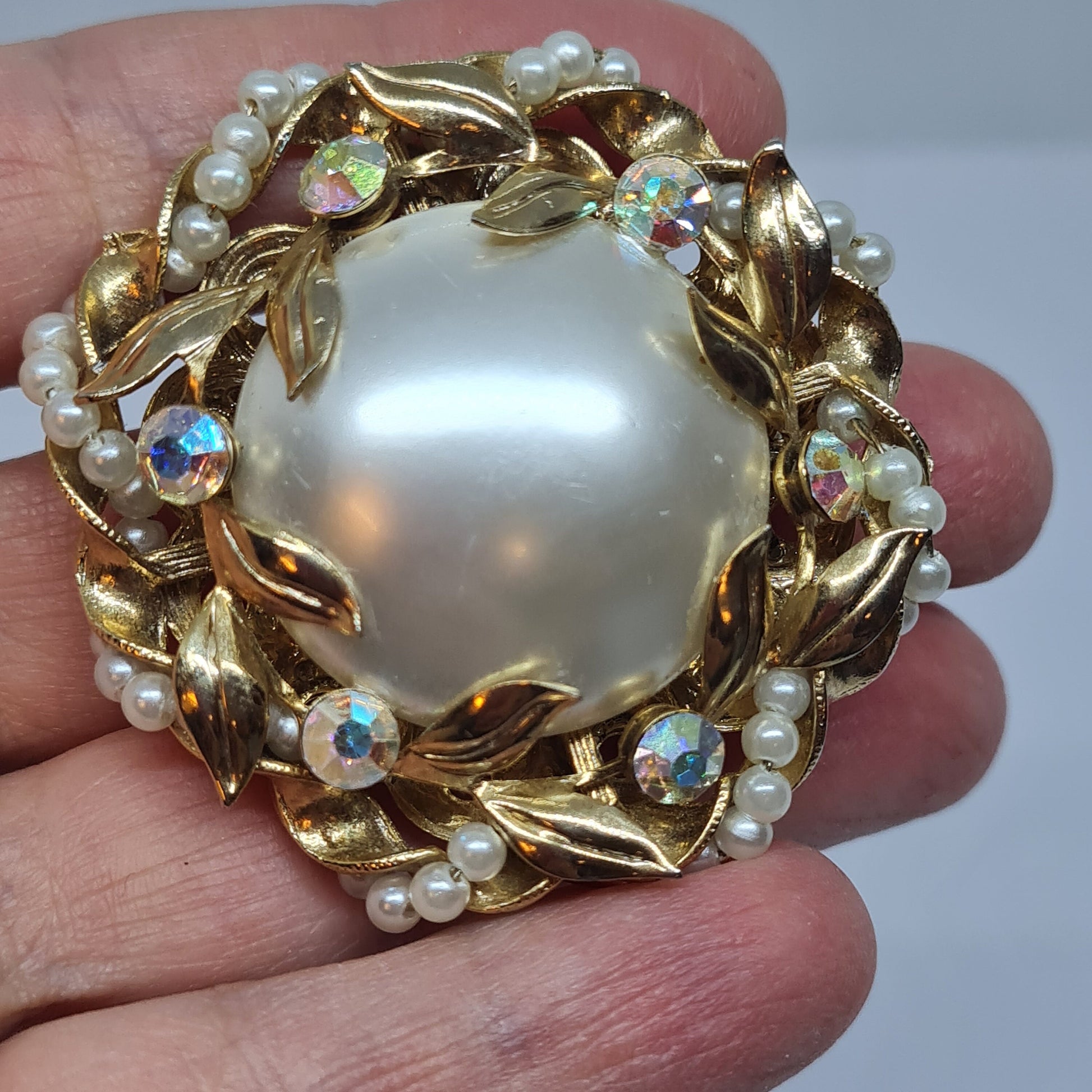Vintage Faux Pearl Brooch: Gold Tone Metal & AB Rhinestones