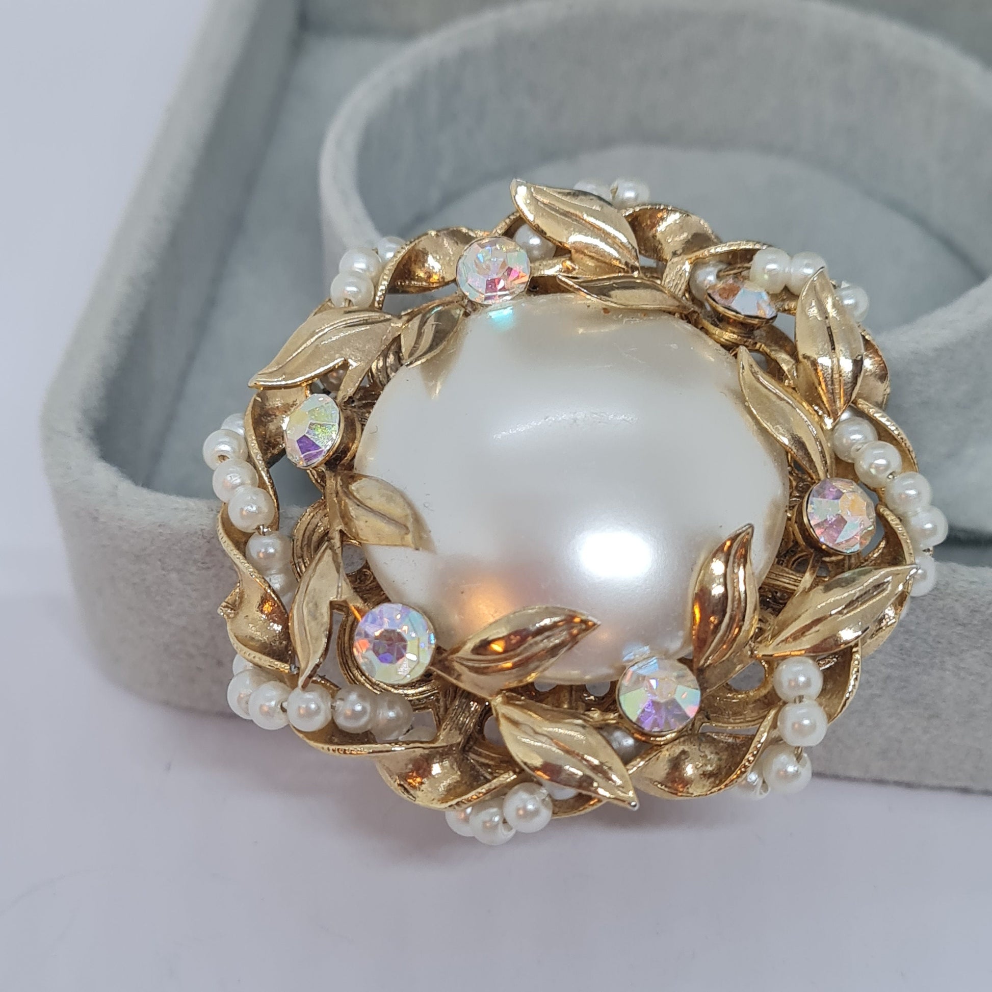 Vintage Faux Pearl Brooch: Gold Tone Metal & AB Rhinestones