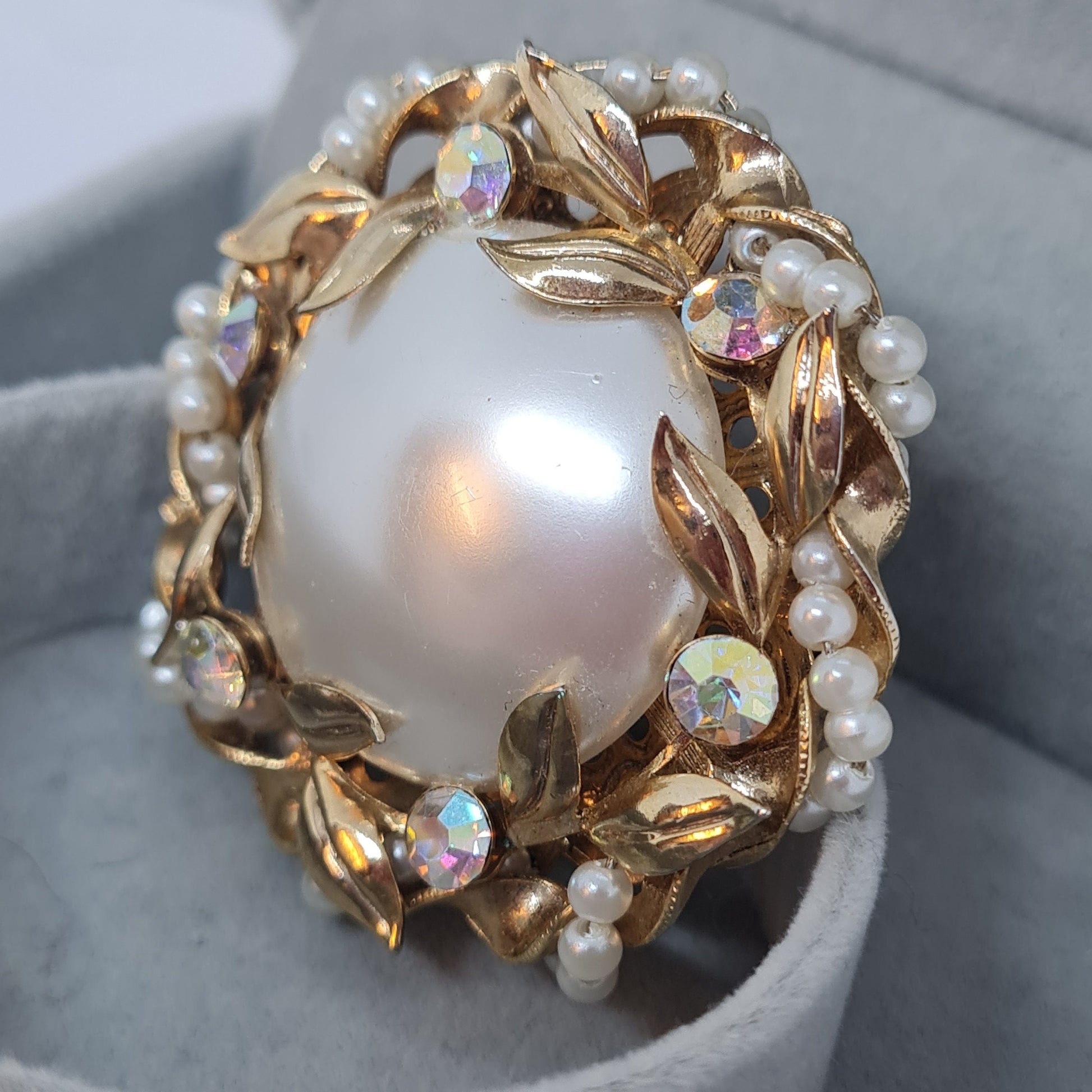 Vintage Faux Pearl Brooch: Gold Tone Metal & AB Rhinestones