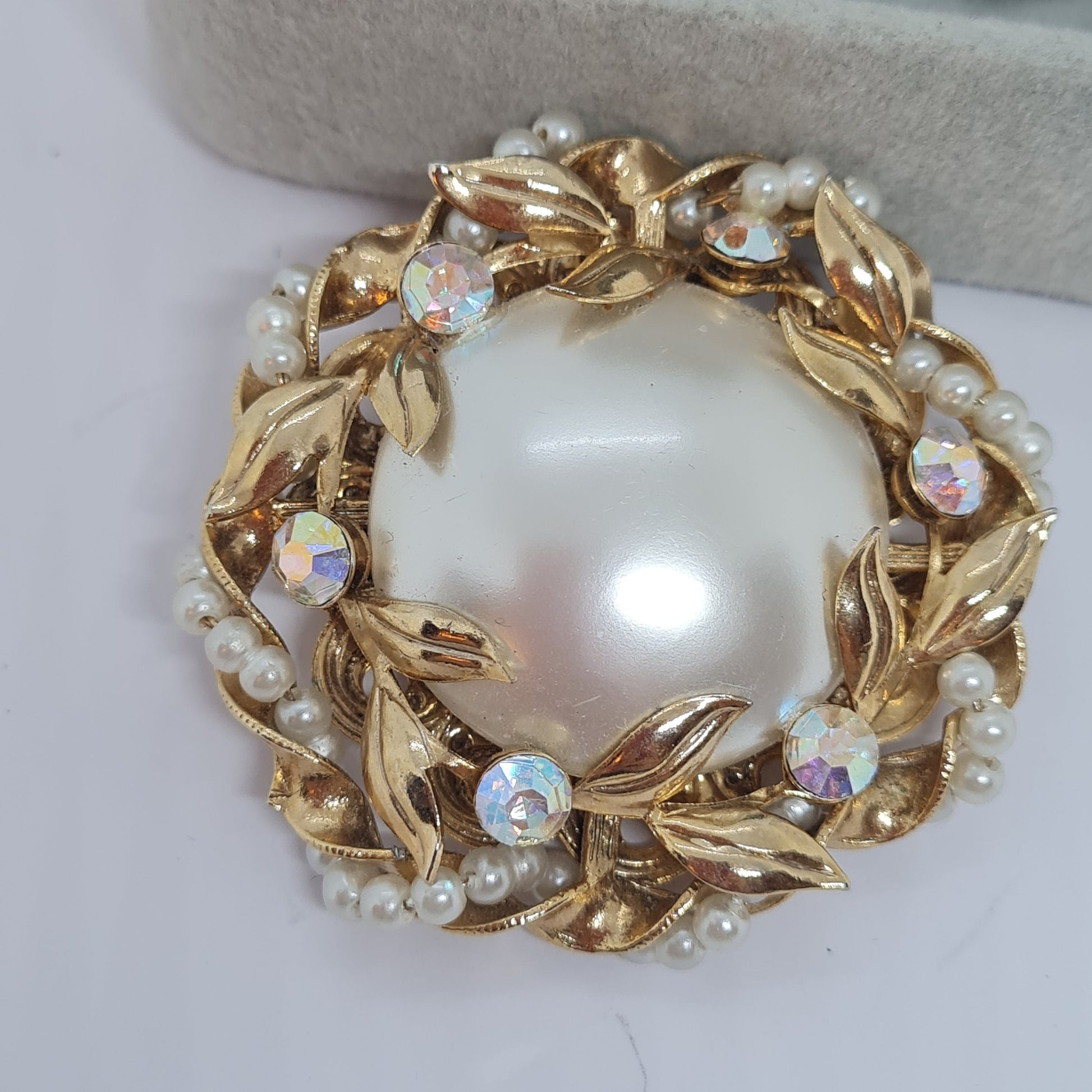 Vintage Faux Pearl Brooch: Gold Tone Metal & AB Rhinestones