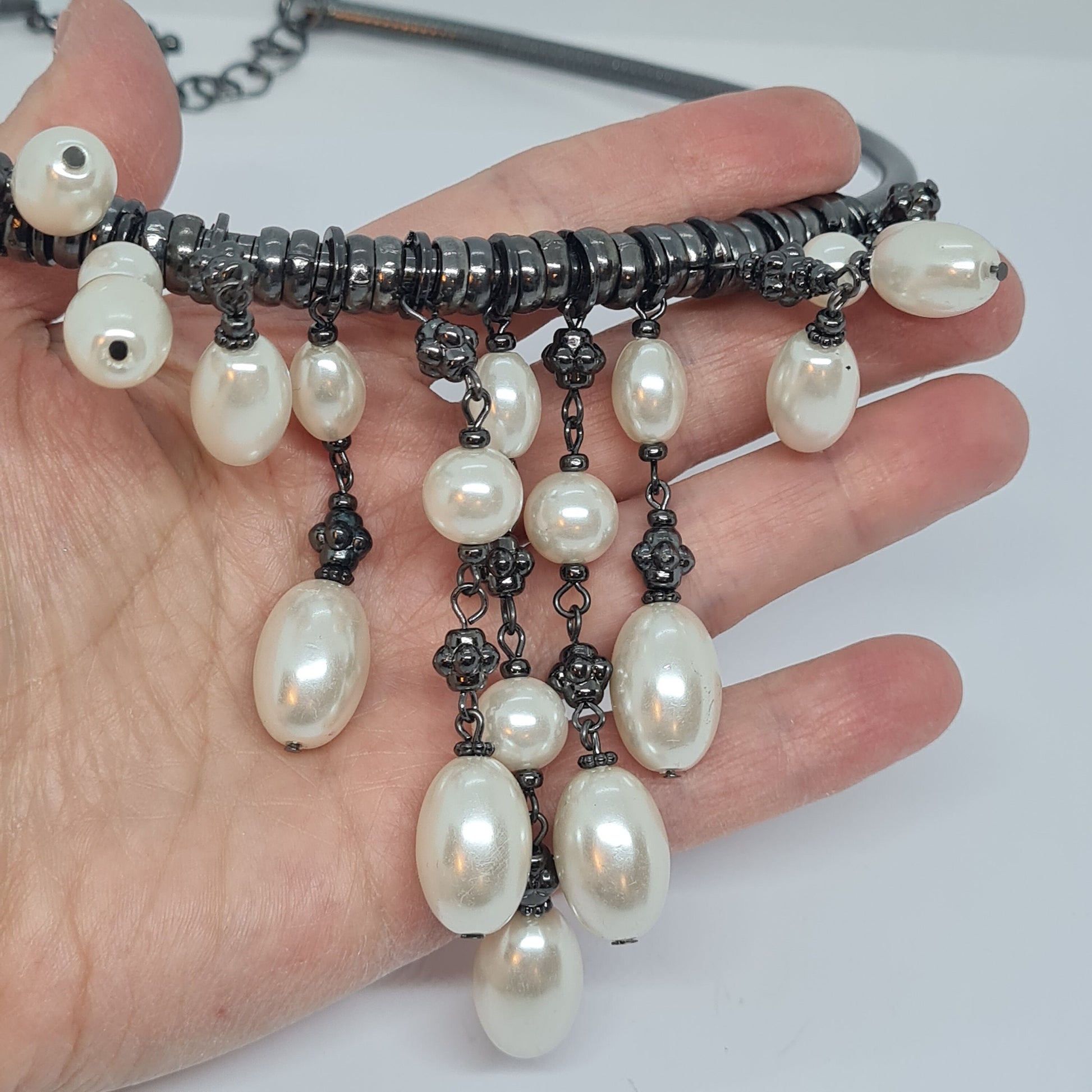 Vintage Faux Pearl Collar Necklace - Black Tone Metal Statement Jewelry