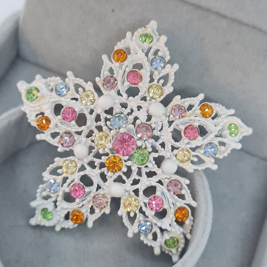 Vintage White Enamel Brooch: Rainbow Rhinestone Pin