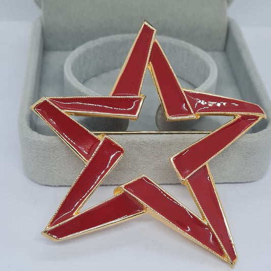 Vintage LIA Star Brooch: Gold Tone Metal with Red Enamel