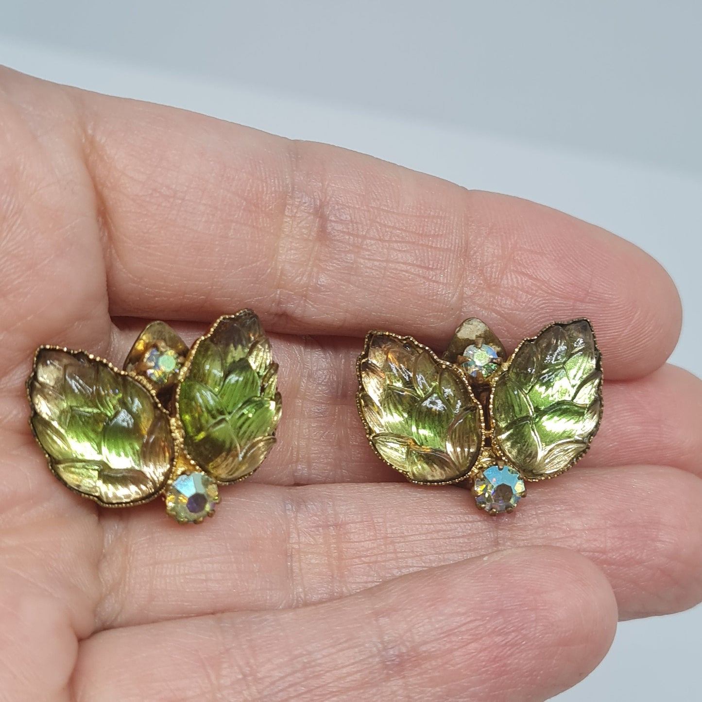 Vintage West Germany Clip On Earrings: Green Art Glass & Rhinestones