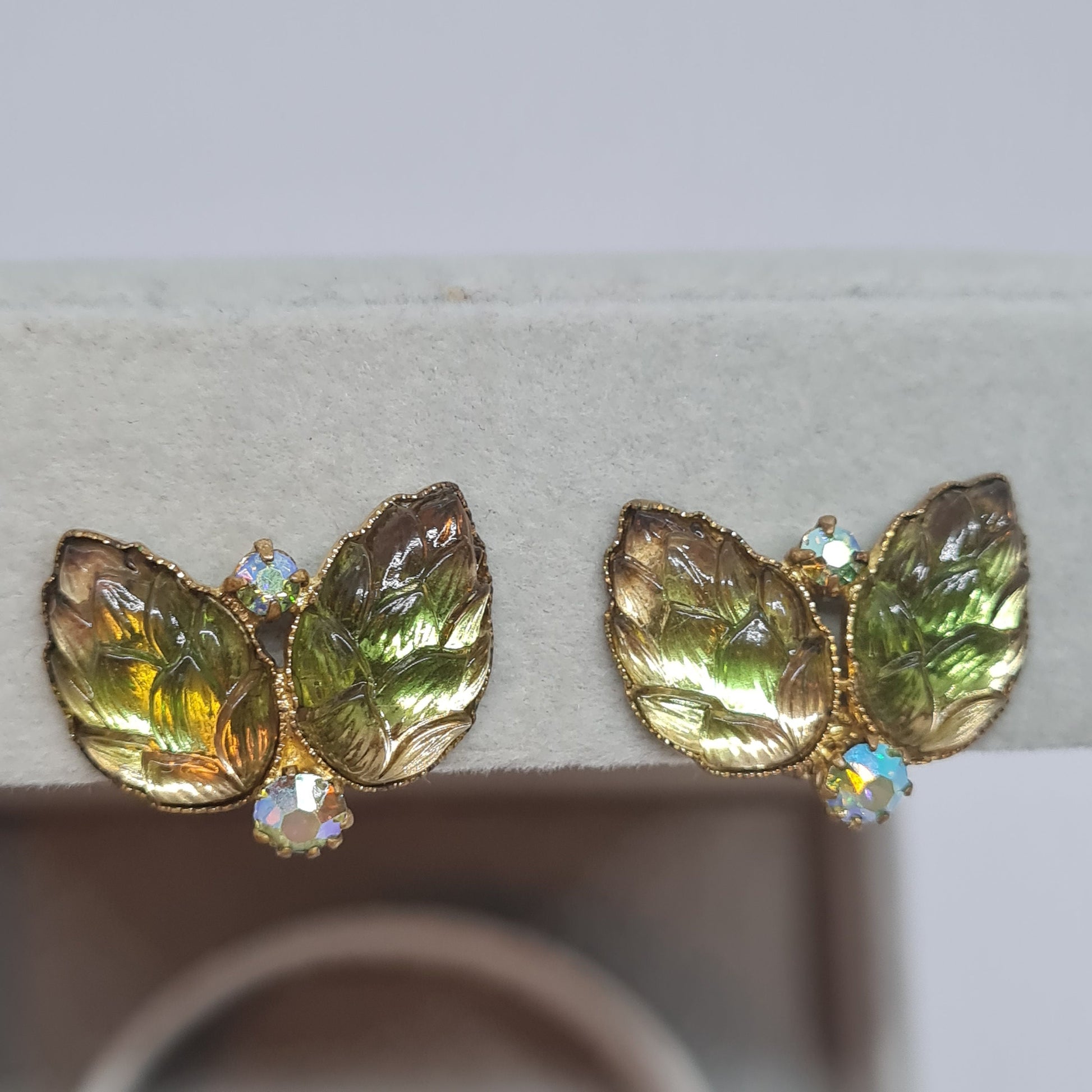 Vintage West Germany Clip On Earrings: Green Art Glass & Rhinestones