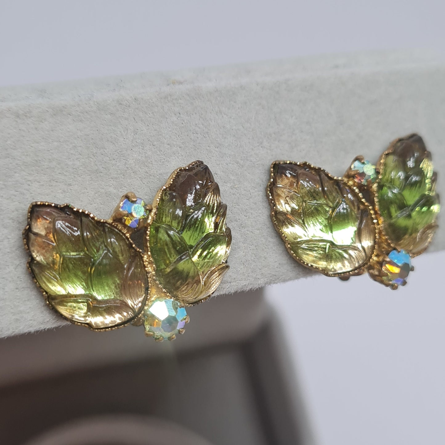 Vintage West Germany Clip On Earrings: Green Art Glass & Rhinestones