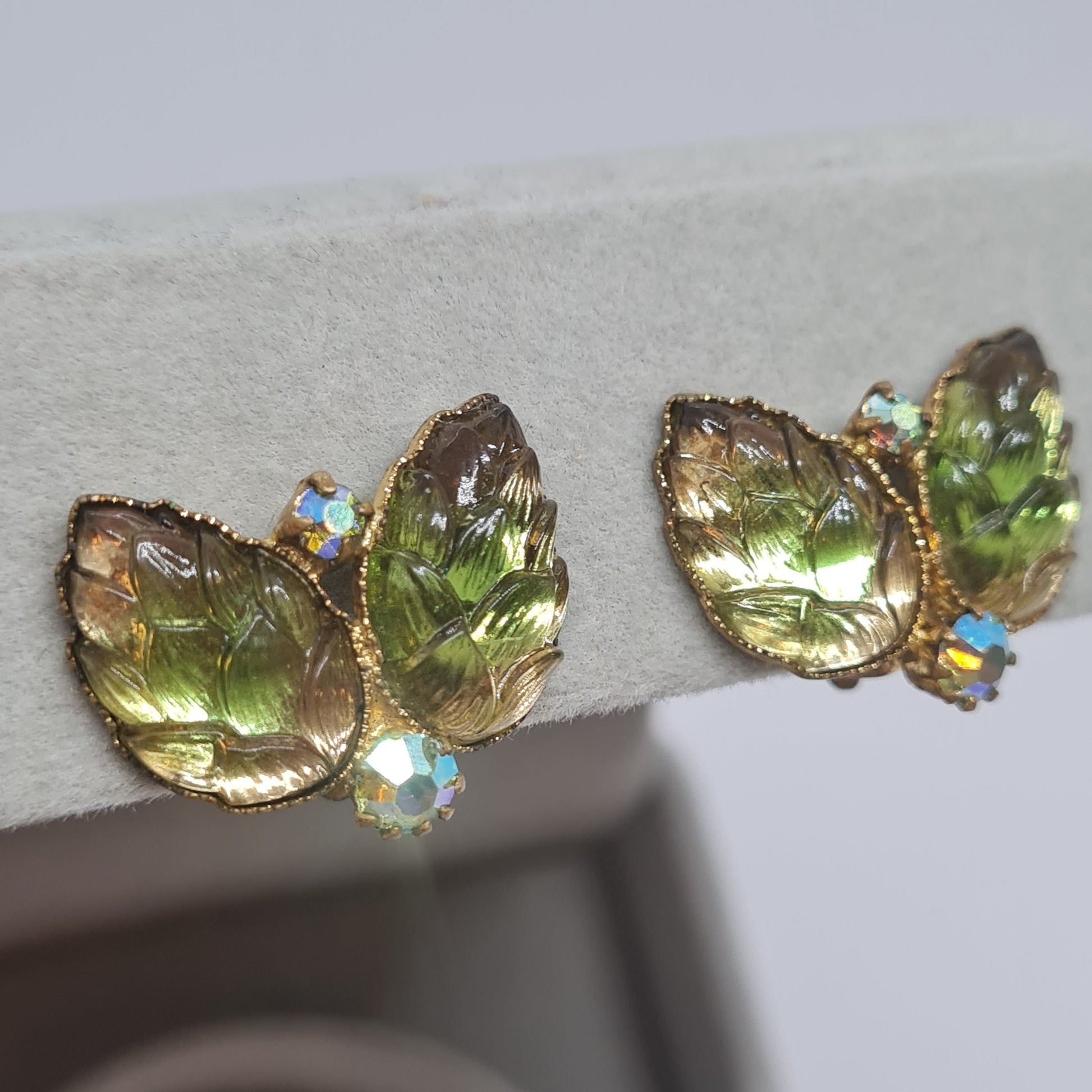 Vintage West Germany Clip On Earrings: Green Art Glass & Rhinestones