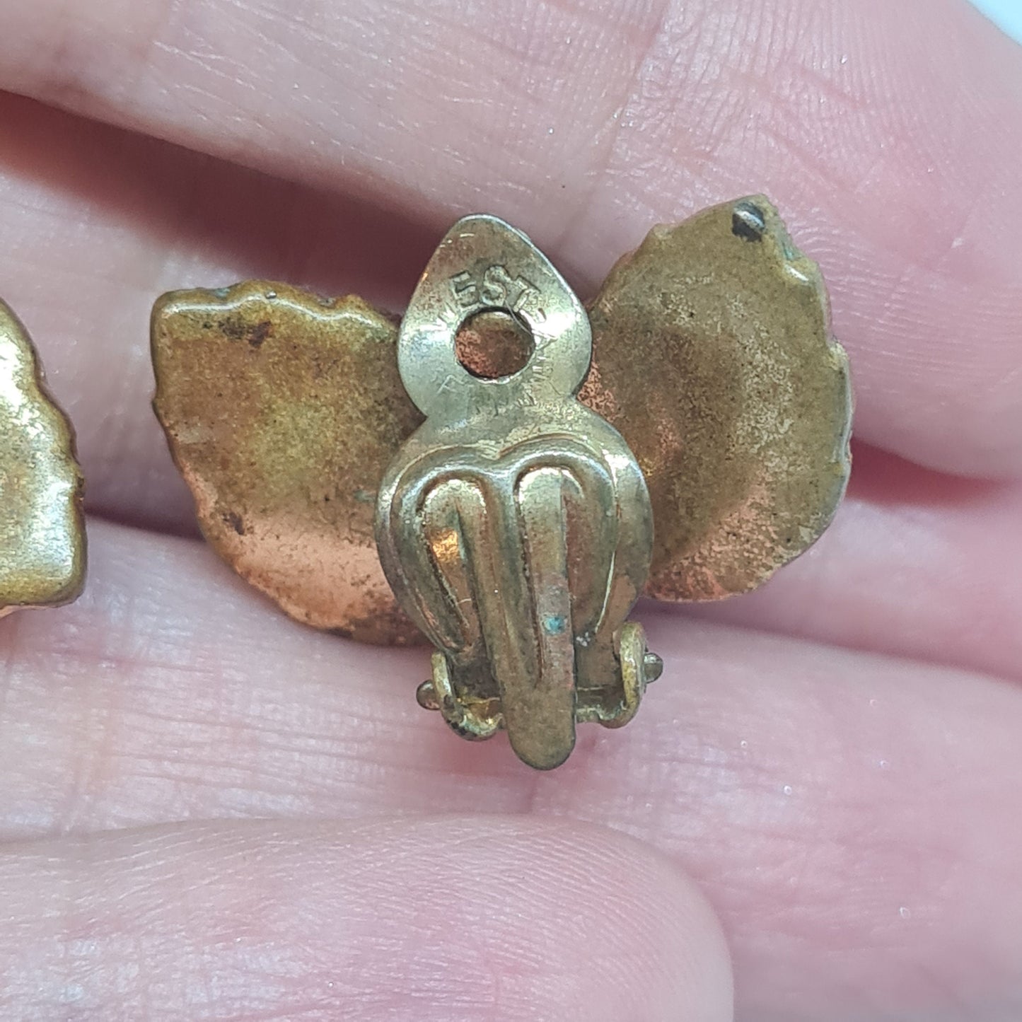 Vintage West Germany Clip On Earrings: Green Art Glass & Rhinestones