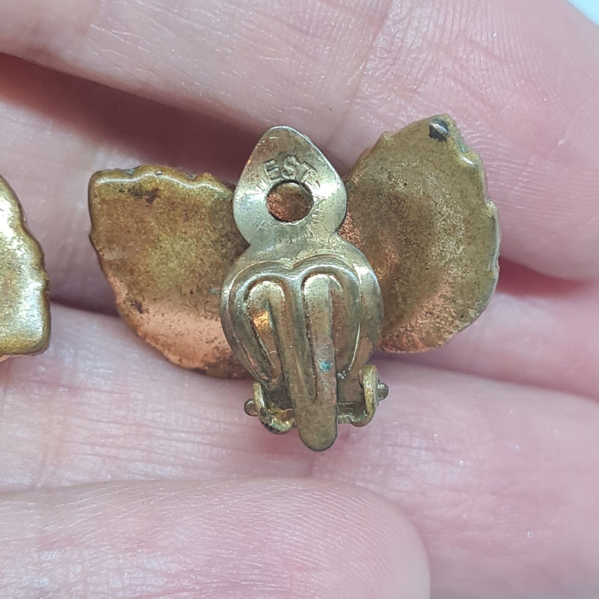 Vintage West Germany Clip On Earrings: Green Art Glass & Rhinestones