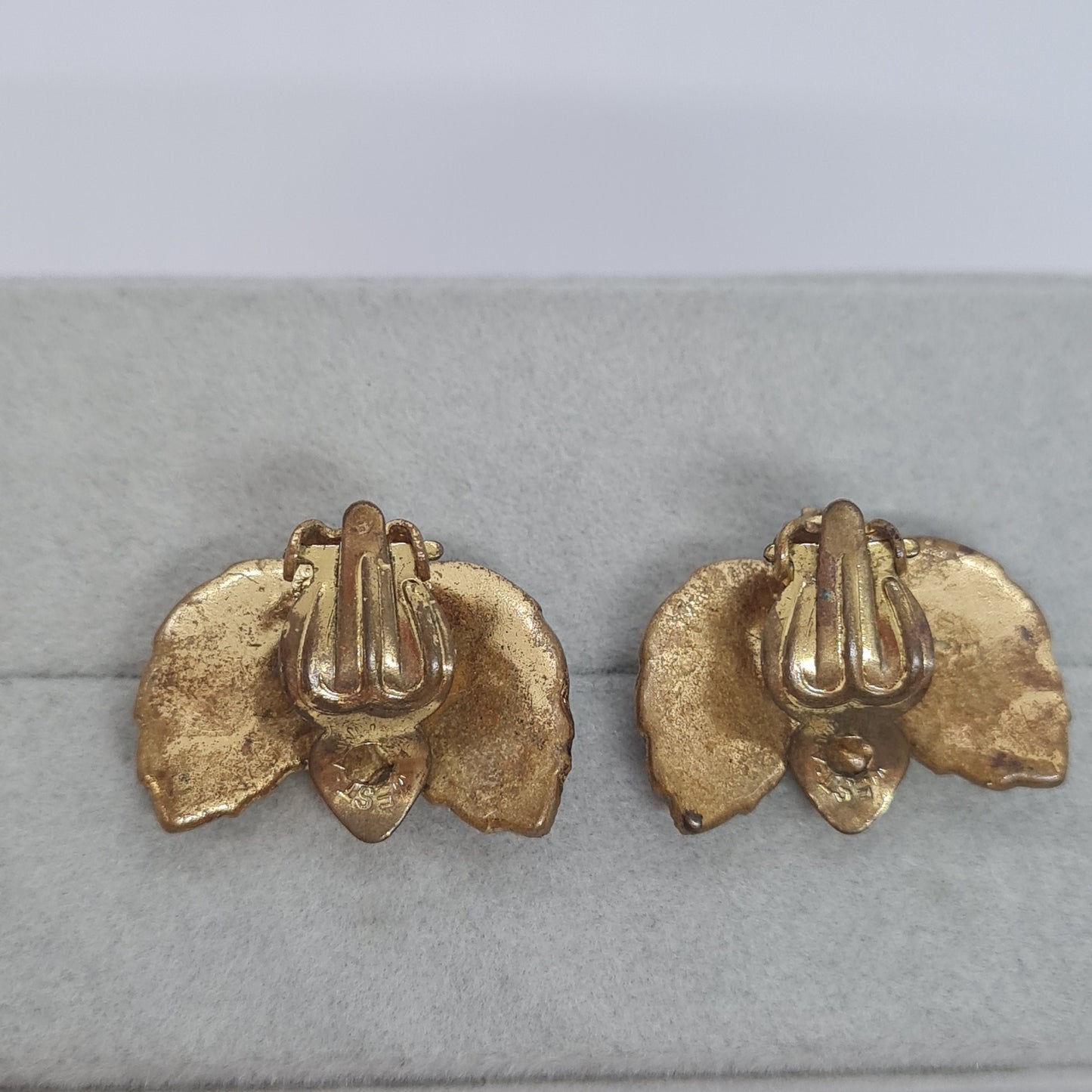 Vintage West Germany Clip On Earrings: Green Art Glass & Rhinestones