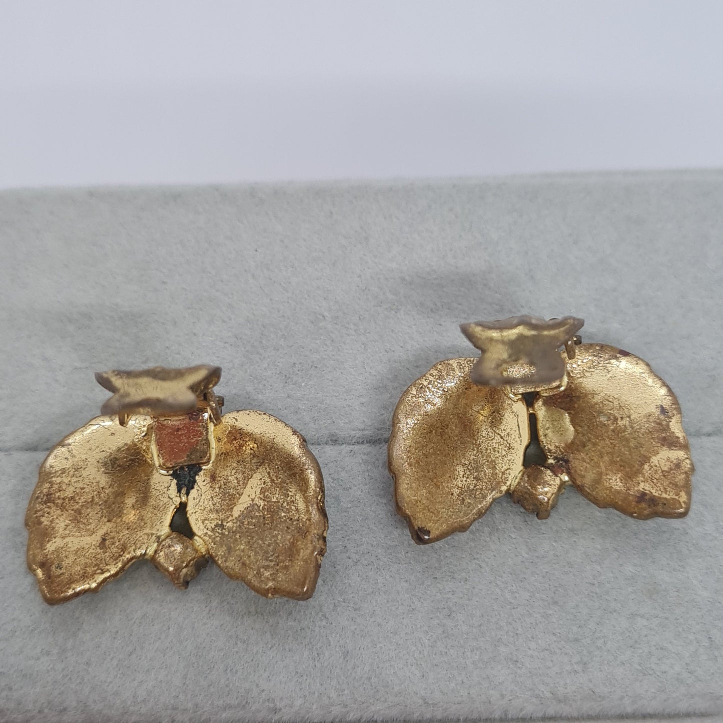 Vintage West Germany Clip On Earrings: Green Art Glass & Rhinestones