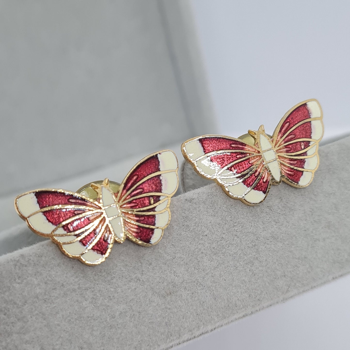Vintage Cloisonne Butterfly Earrings: Red & White Enamel, Gold Tone