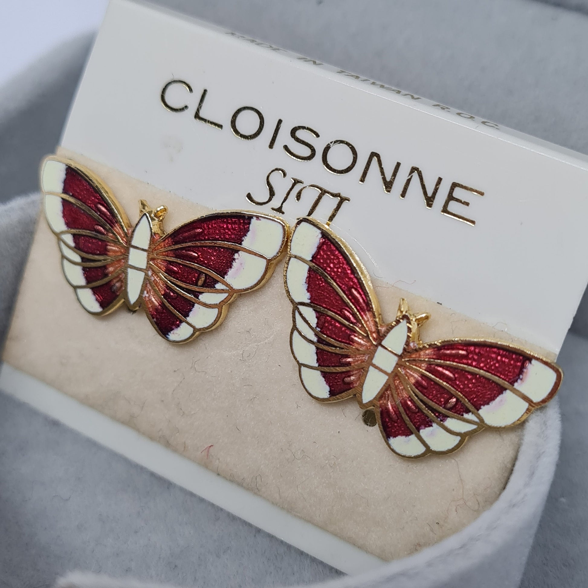 Vintage Cloisonne Butterfly Earrings: Red & White Enamel, Gold Tone