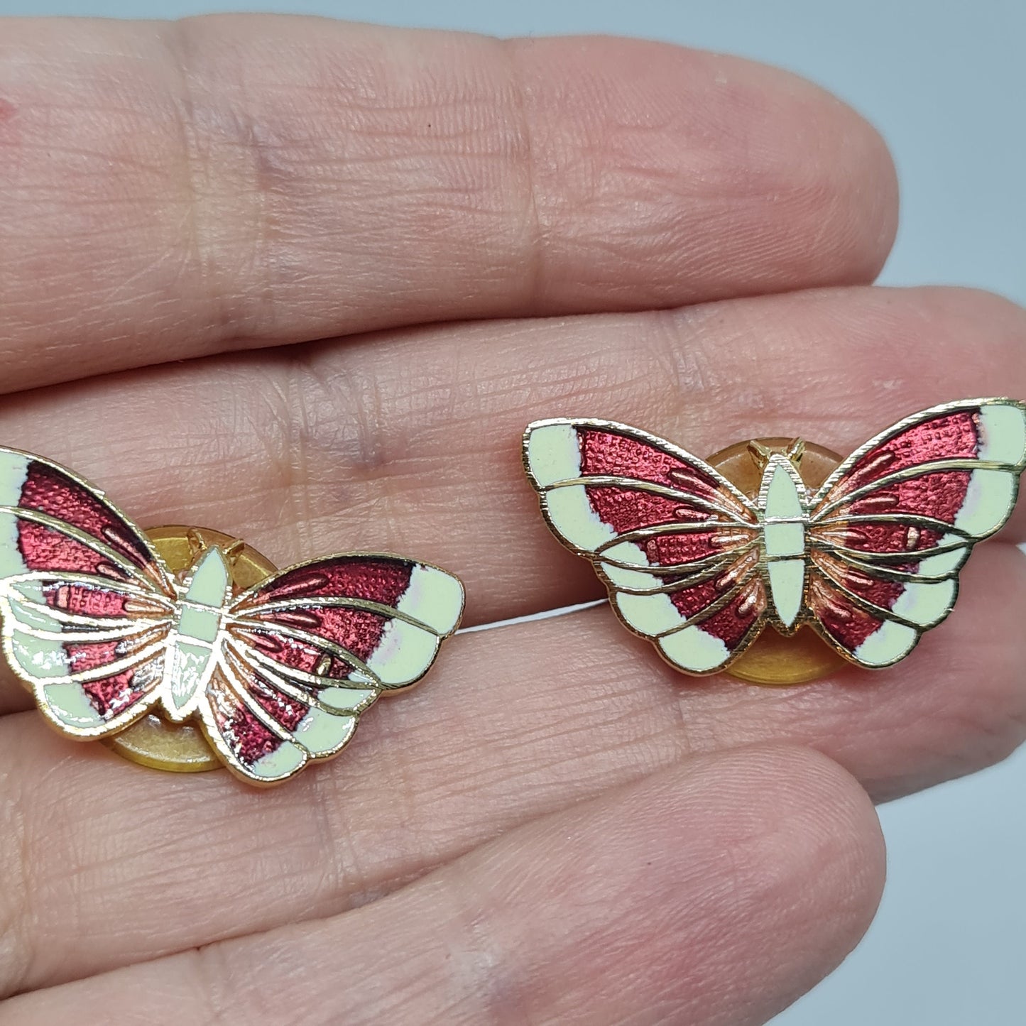 Vintage Cloisonne Butterfly Earrings: Red & White Enamel, Gold Tone