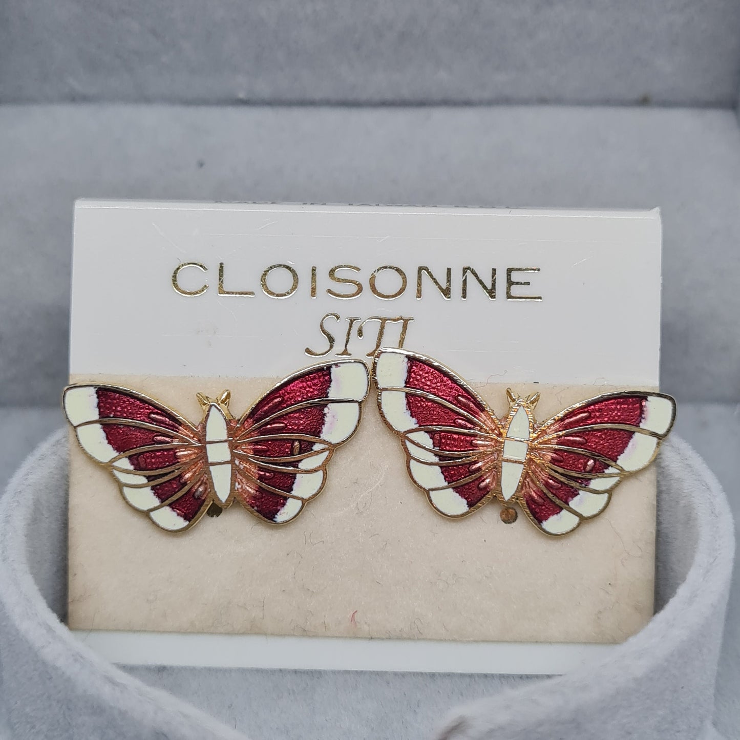 Vintage Cloisonne Butterfly Earrings: Red & White Enamel, Gold Tone