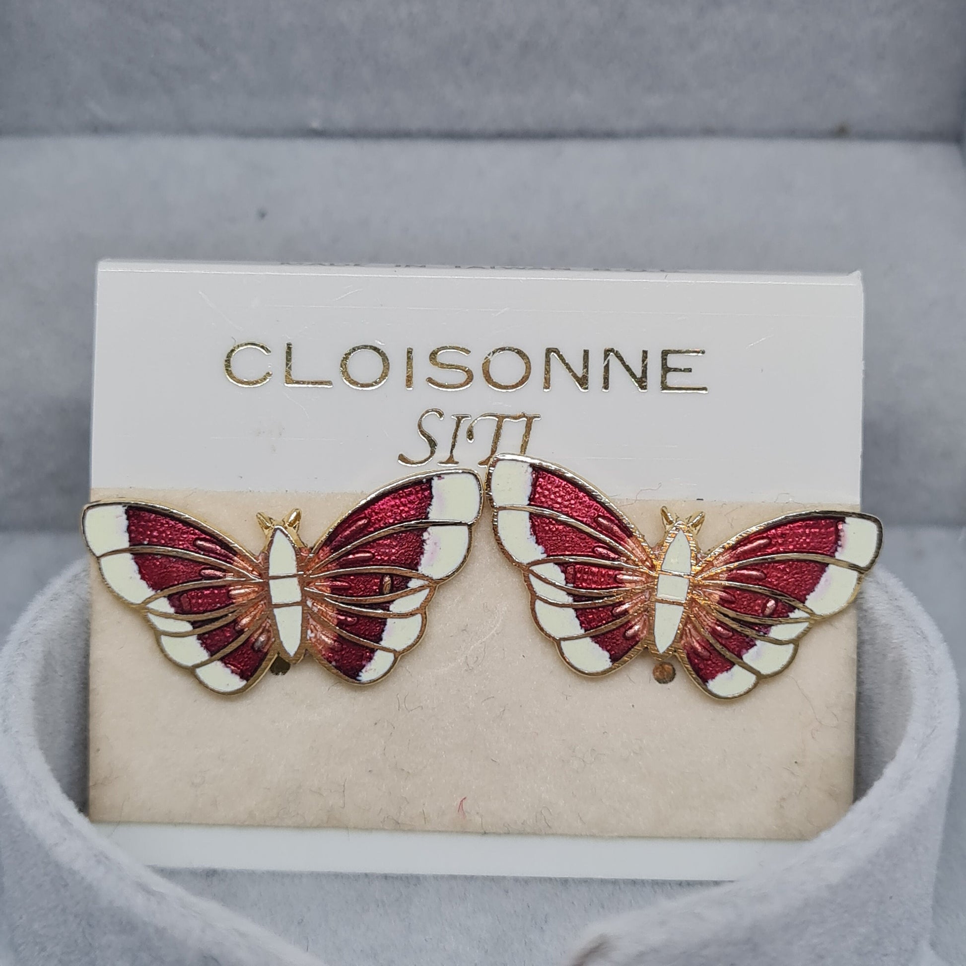 Vintage Cloisonne Butterfly Earrings: Red & White Enamel, Gold Tone