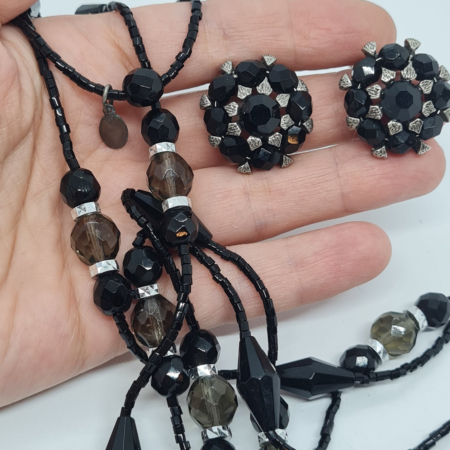 Vintage ROBERT ROSE Rhinestone Jewelry Set: Black Plastic Necklace and Clip-On Earrings