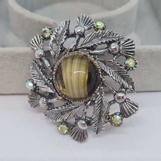 Vintage Scottish thistle brooch Antique silver-tone metal with art glass cabochon and AB rhinestones Celtic brooch pin