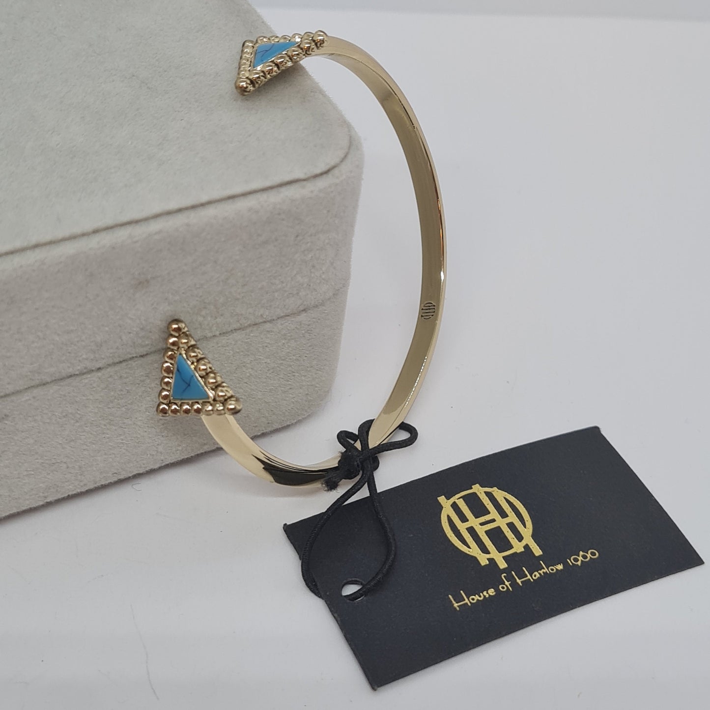 Vintage HOUSE OF HARLOW cuff bracelet Gold tone metal with blue triangle details cuff bracelet