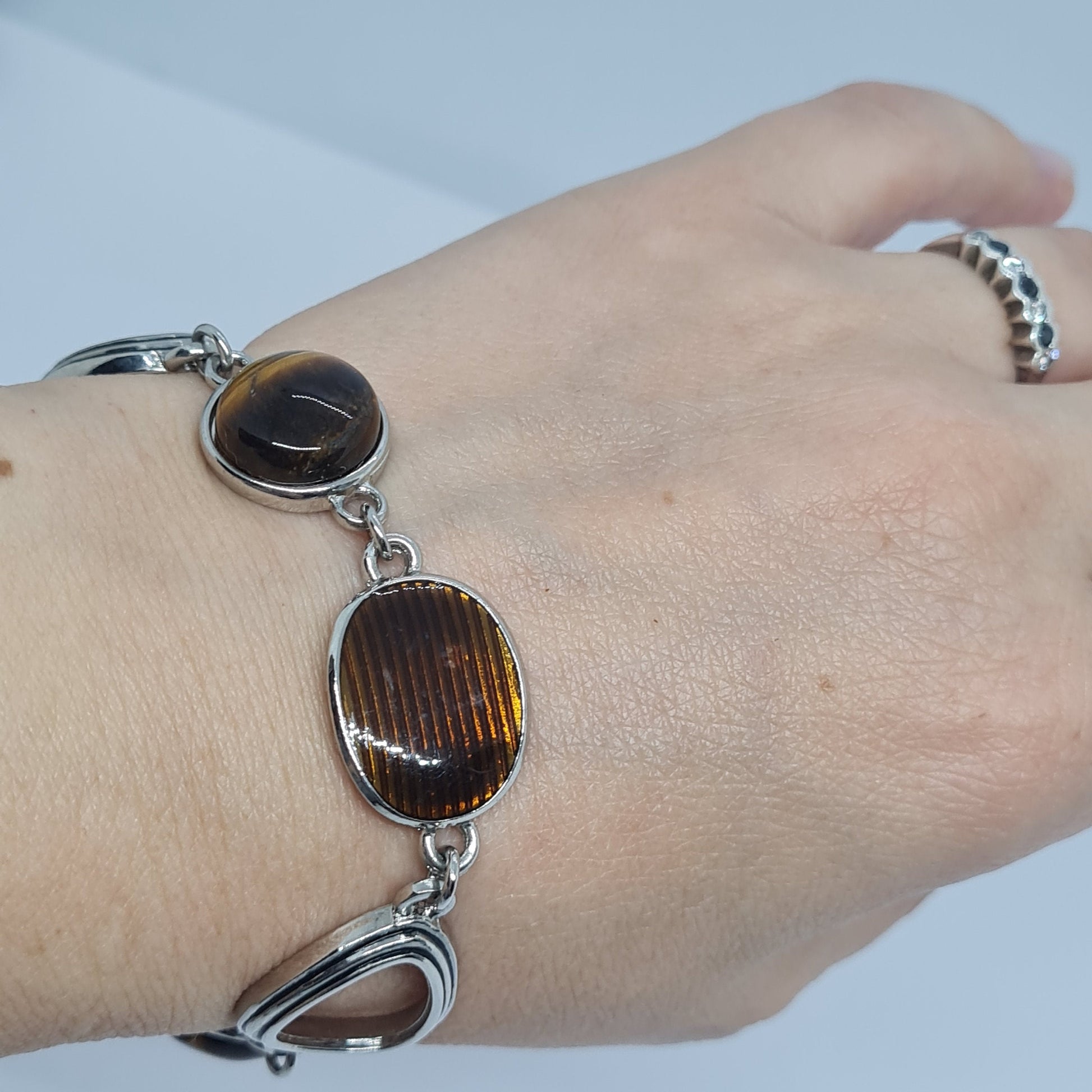 Vintage LIA SOPHIA bracelet Silver tone metal links with gemstone, enamel, and lucite cabochons Designer link bracelet