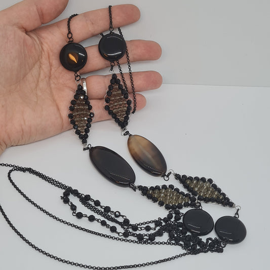 Vintage gemstone necklace. Black tone chain with Agate and glass beads. Multi-chain long necklace without a clasp.