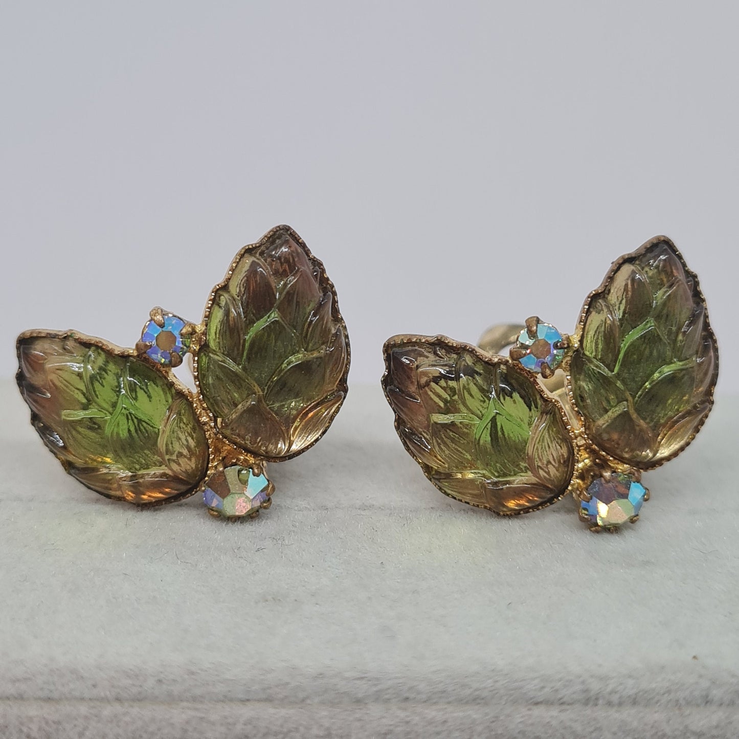 Vintage West Germany Clip On Earrings: Green Art Glass & Rhinestones