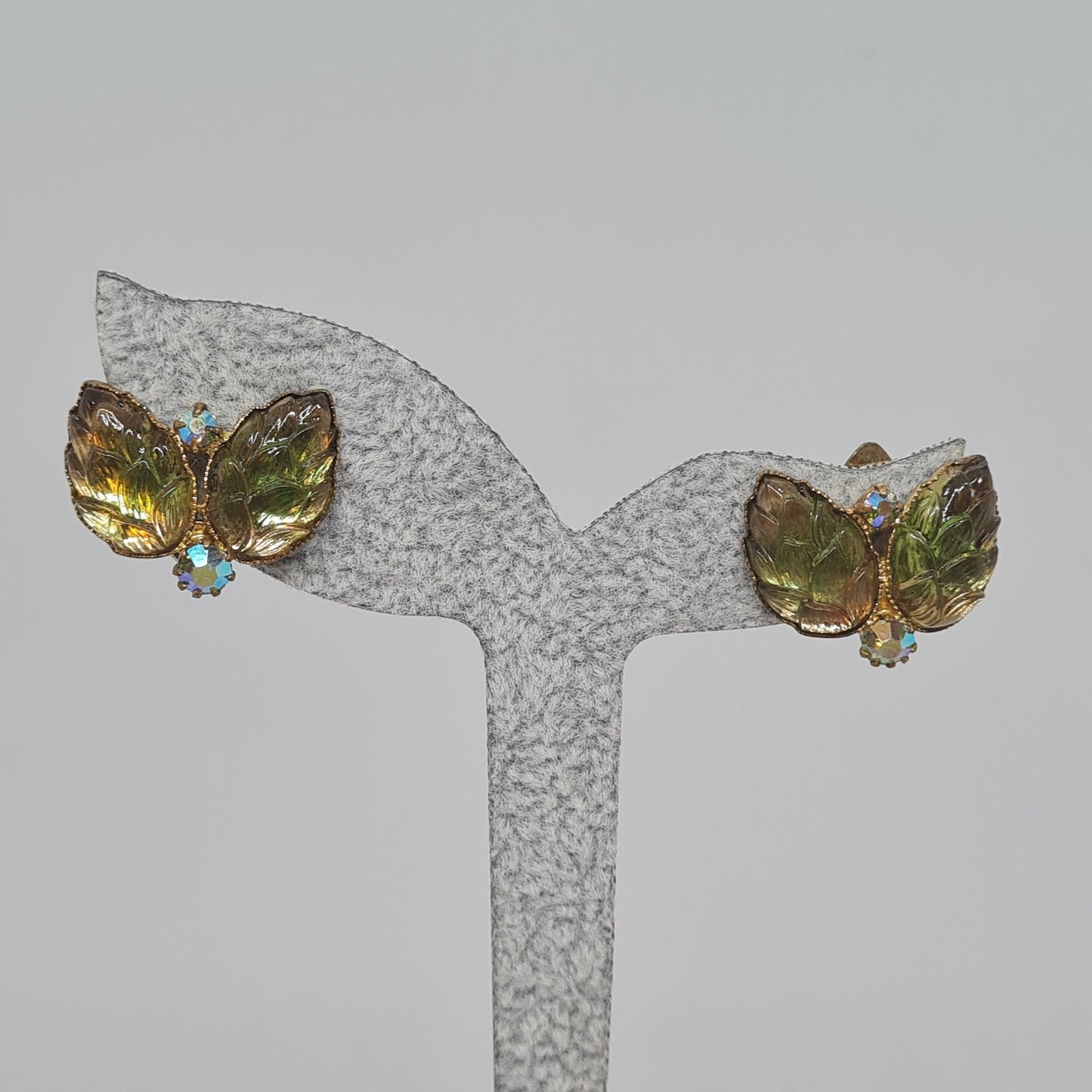 Vintage West Germany Clip On Earrings: Green Art Glass & Rhinestones