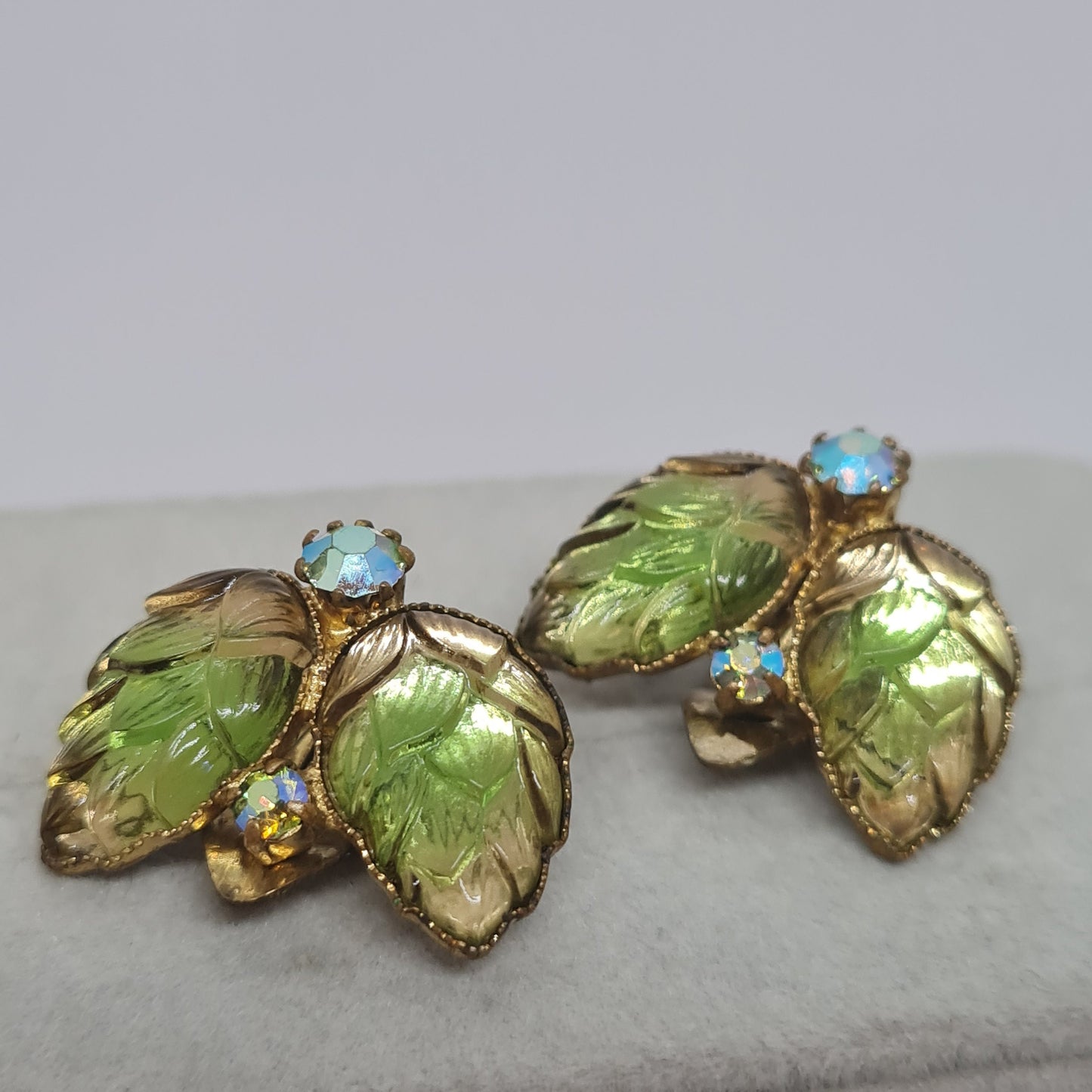 Vintage West Germany Clip On Earrings: Green Art Glass & Rhinestones