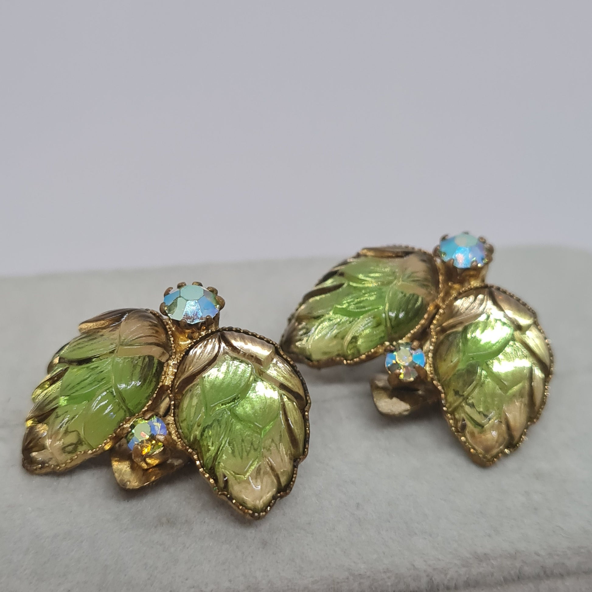 Vintage West Germany Clip On Earrings: Green Art Glass & Rhinestones