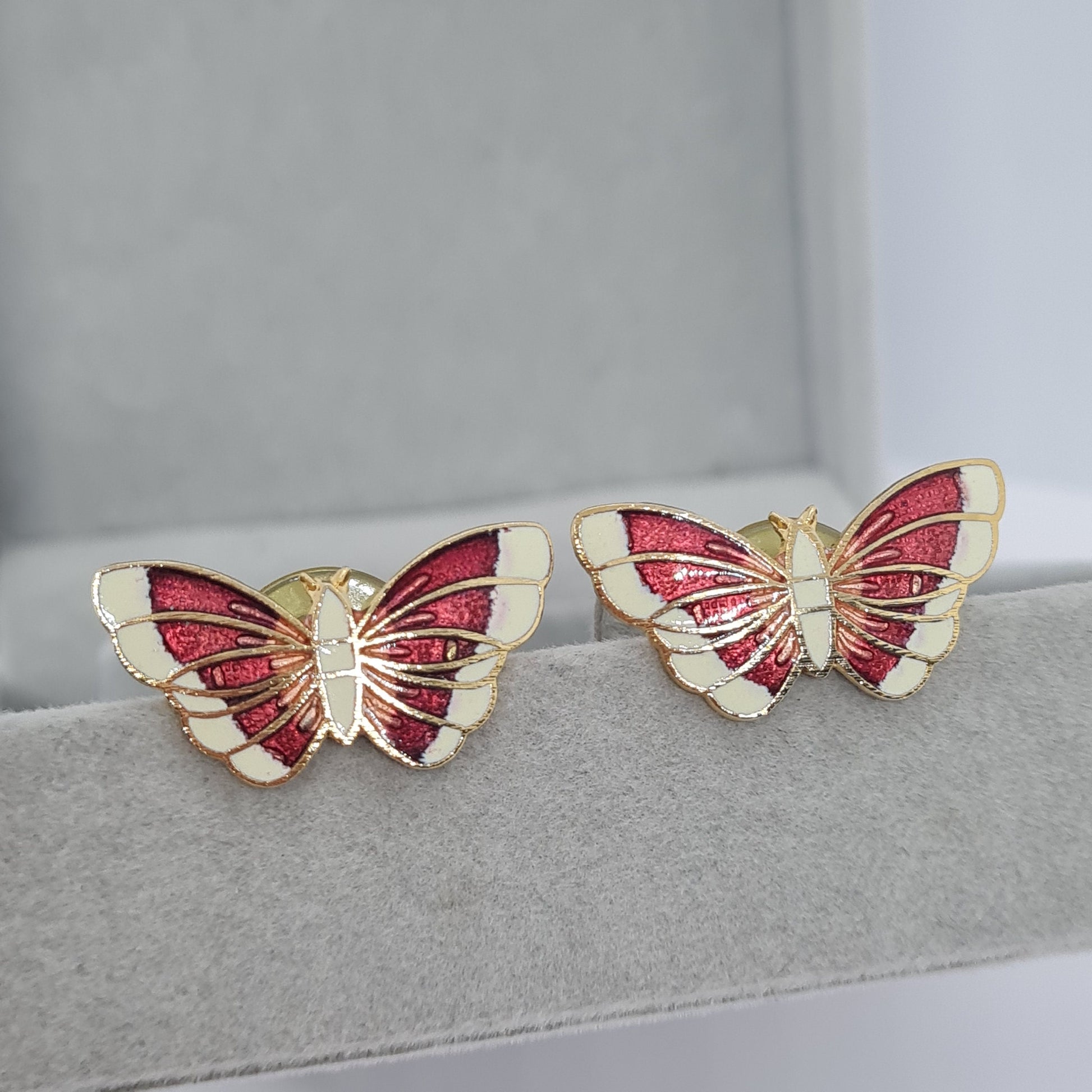 Vintage Cloisonne Butterfly Earrings: Red & White Enamel, Gold Tone