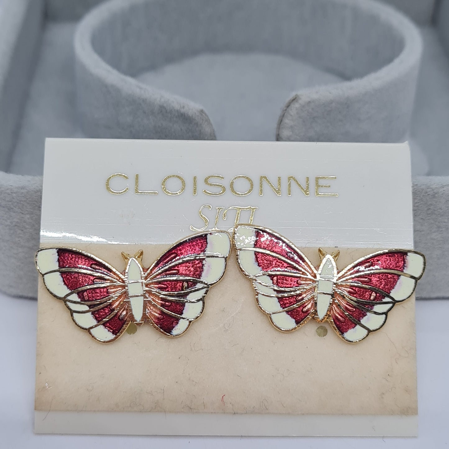 Vintage Cloisonne Butterfly Earrings: Red & White Enamel, Gold Tone