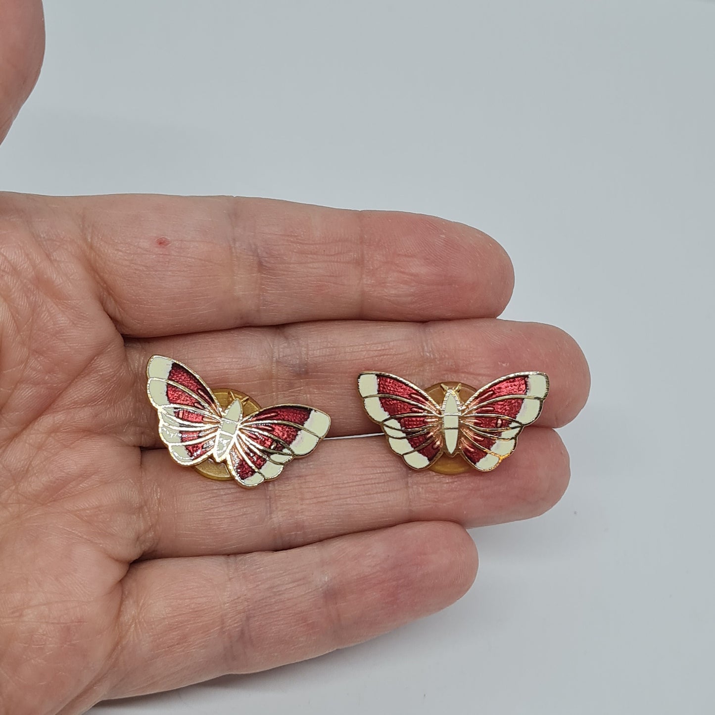 Vintage Cloisonne Butterfly Earrings: Red & White Enamel, Gold Tone