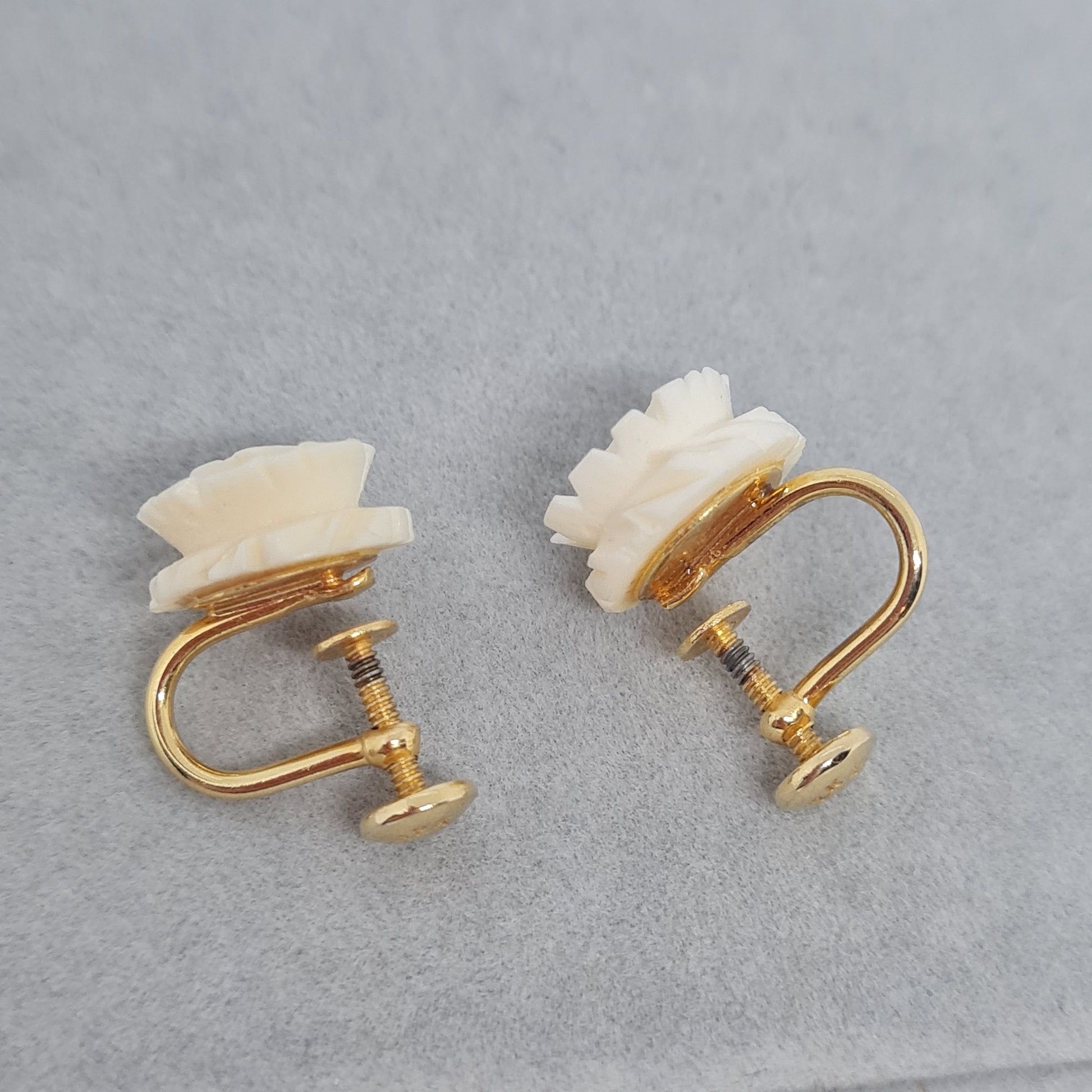 Vintage celluloid screw earrings Gold-tone metal 12k gold filled ivory carved rose earrings