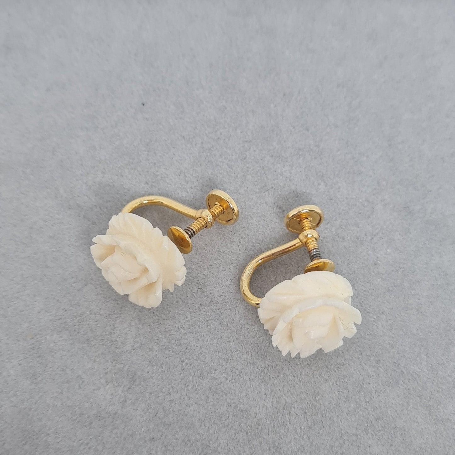 Vintage celluloid screw earrings Gold-tone metal 12k gold filled ivory carved rose earrings