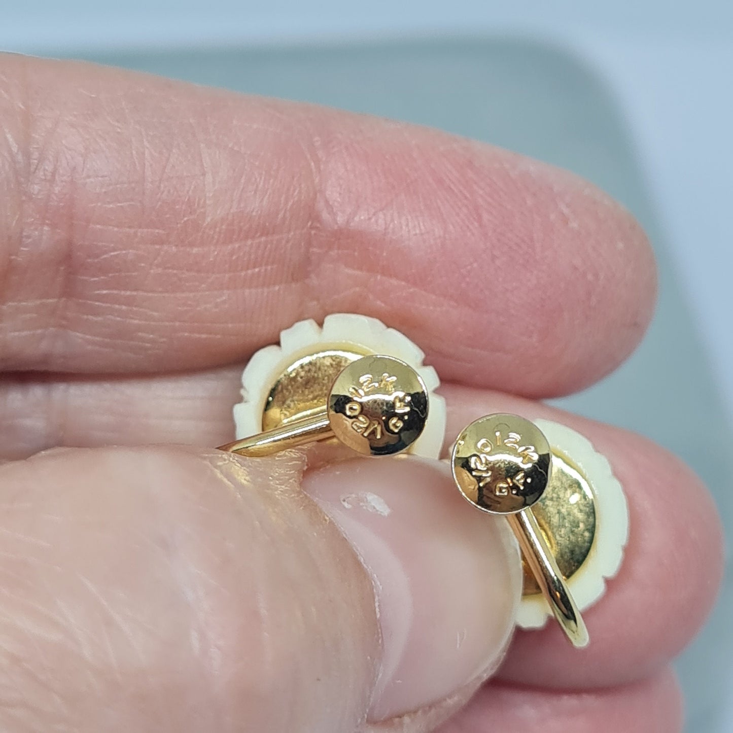 Vintage celluloid screw earrings Gold-tone metal 12k gold filled ivory carved rose earrings