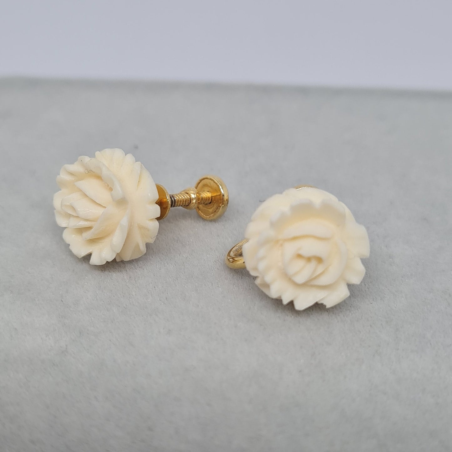 Vintage celluloid screw earrings Gold-tone metal 12k gold filled ivory carved rose earrings