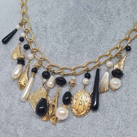 Vintage multi-pendant Art deco necklace Gold-tone metal chain with faux pearl and black plastic Exclusive statement necklace