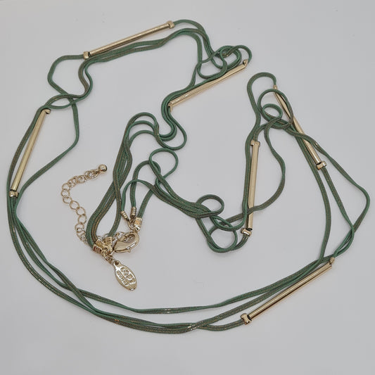 ANN TAYLOR- LOFT three-strand chain necklace. Vintage gold-tone metal with green-tone chain. Designer long necklace.