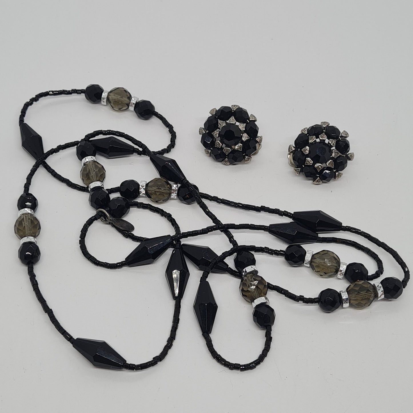 Vintage ROBERT ROSE Rhinestone Jewelry Set: Black Plastic Necklace and Clip-On Earrings